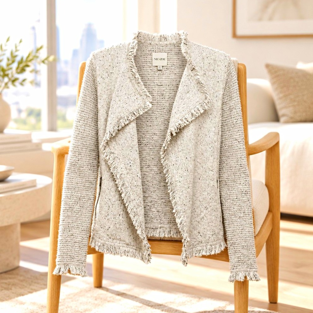 NIC+ZOE Gray Fringe Trim Open Front Jacket Long Sleeve Pockets XL Retail $168